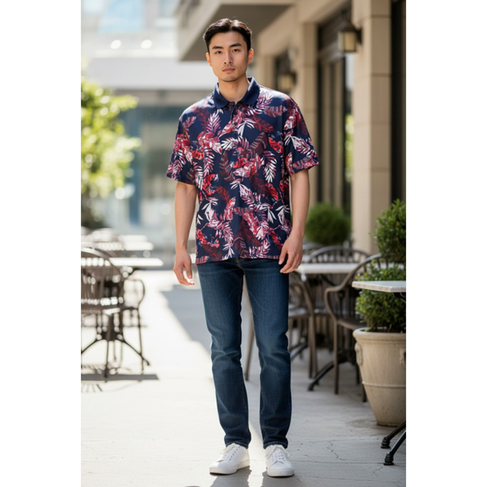 Coral Bay Golf 2X Polo Shirt Navy Blue Red Tropical Floral USA Soft Short Sleeve